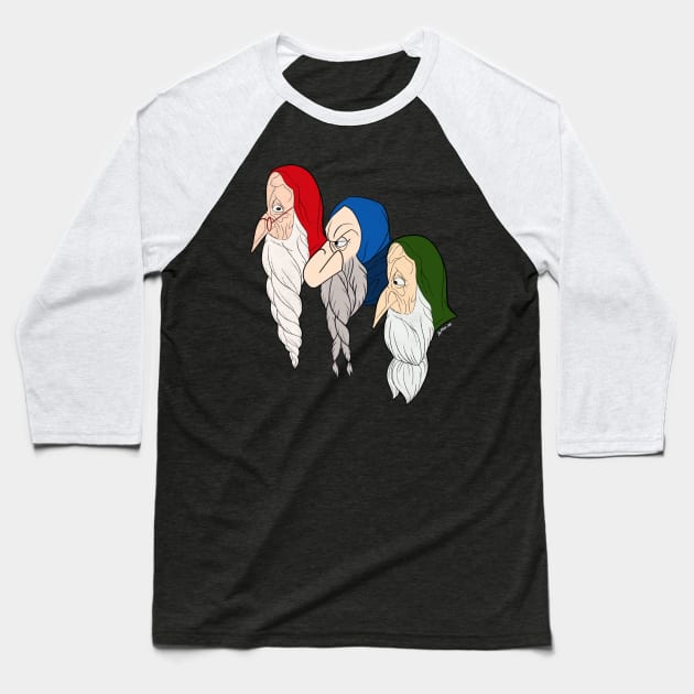 We Three Dwarves Baseball T-Shirt by LeMae Macabre